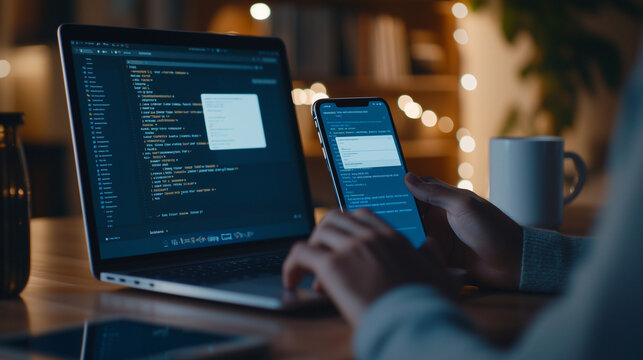Developer Typing Code with Smartphone Reflection and Blurred Workspace
