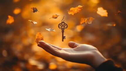 A hand holds out a golden key, with autumn leaves falling around it. The key is a symbol of opportunity, hope, and new beginnings.