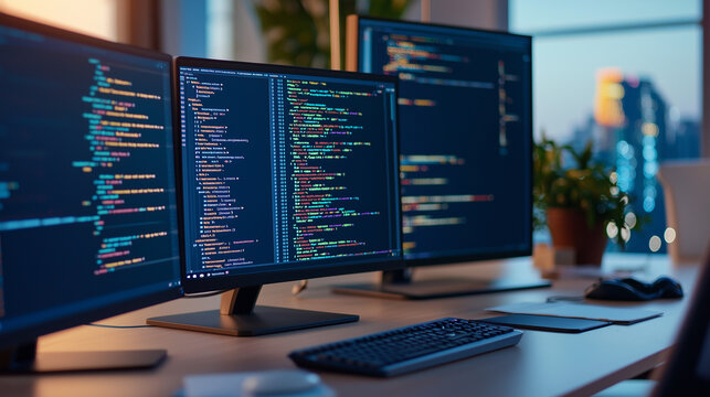 Close-up of Programming Languages Code on Multiple Monitors