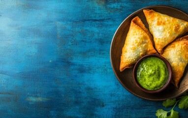 Fried samosas served with a vibrant green chutney, presented on a rustic blue background