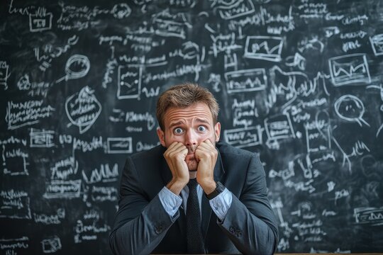 Stressed businessman at desk with a chalkboard of complex equations and diagrams - Powered by Adobe