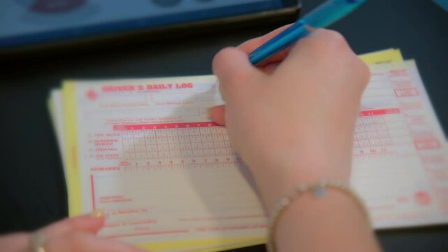 Close up view of Filling out the log book card for a semi truck driver. 