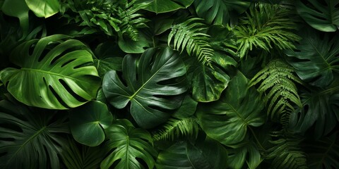 Fototapeta premium A dense arrangement of lush green tropical leaves showcasing vibrant textures and rich greenery