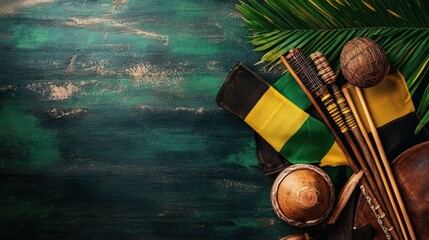 Jamaican Flag, Palm Leaf, and Traditional Instruments on Green Wood