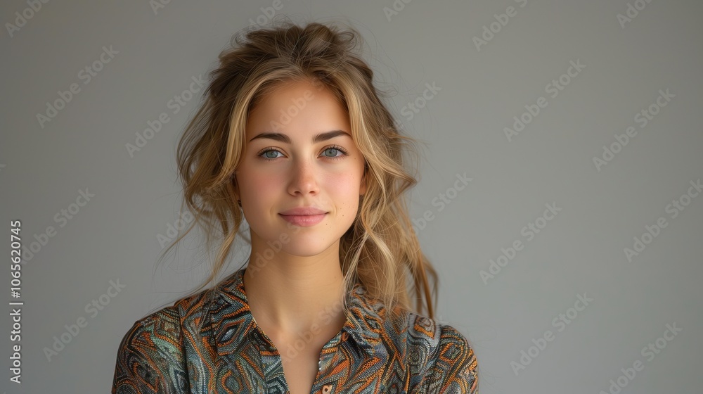 Fototapete portrait of a young woman wearing a patterned blouse, confident expression, soft background for text