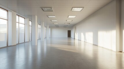 A spacious, empty room with large windows and natural light.