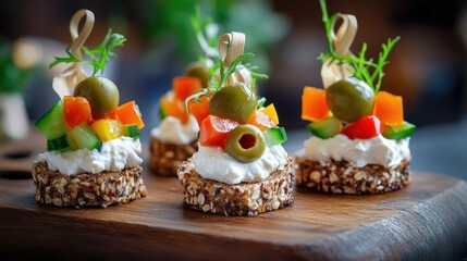 Appetizers with cream cheese and olives on whole grain bread
