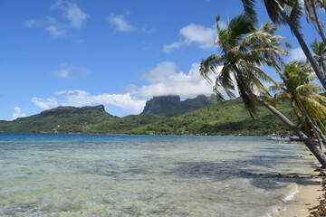 The white sand beaches and green backdrop on Bora Bora, French Polynesia