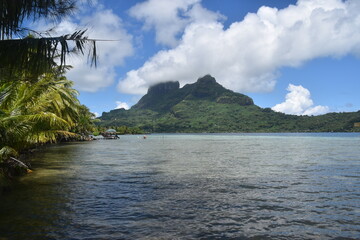 The white sand beaches and green backdrop on Bora Bora, French Polynesia