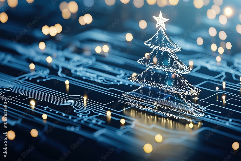Poster digital xmas christmas tree on technology circuit board background with glowing lights
