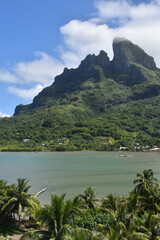 The lush green mountains and paradise coastal landscapes of Bora Bora, French Polynesia