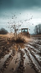 Fototapeta premium Tractor Plowing Through Mud with Dynamic Splash