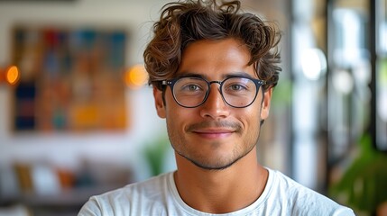 Fototapeta premium World Genetic Diseases Awareness, a joyful Hispanic young man with cerebral palsy and glasses, embodies hope and resilience, promoting understanding of genetic disorders.