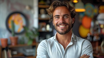 Fototapeta premium Dynamic young professional in a sleek office, surrounded by colorful decor, embodying ambition and creativity in a contemporary workspace environment