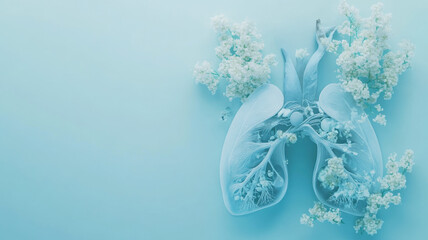 A mockup of human lungs in light blue, adorned with flowers and accompanied by a stethoscope, set against a light blue background with space for text.