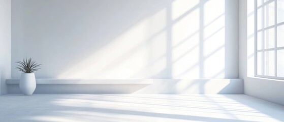 Obraz premium A minimalist interior space with natural light and a single plant in a vase.