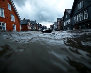 Flooded street with water covering homes under a stormy sky.