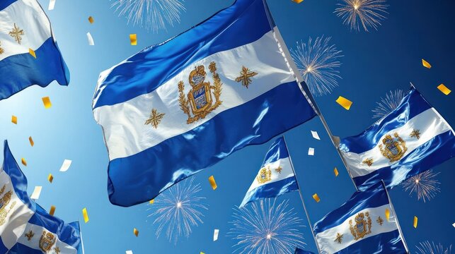 El Salvadoran Flags Waving with Fireworks and Confetti - Powered by Adobe