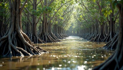 Flooded Mangrove Wetland with Detailed Root Systems