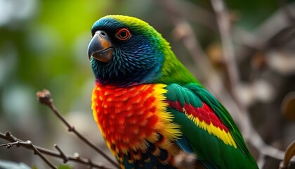 Naklejka premium Colorful female Gouldian finch with striking green red and yellow feathers in nature