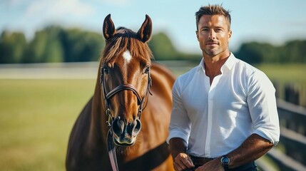 A handsome man in a white shirt stands in a field with a brown horse. The man looks at the camera, while the horse looks at the man.