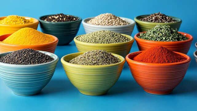 A collection of colorful bowls filled with various spices sits on a blue surface
