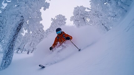 A skier in an orange jacket carves through fresh powder in a snowy forest.