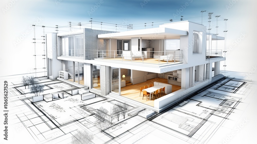 Wall mural vision of architecture of a 3d model house project with blueprint