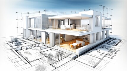 vision of architecture of a 3d model house project with blueprint