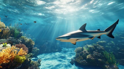 Shark gliding through vibrant coral reef under sunlit ocean waters, AI