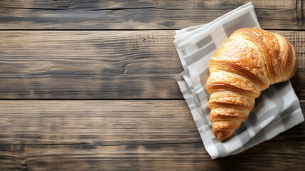 Świeży francuski croissanta leżącego na białej serwetce na drewnianym stole, otoczonego przytulną atmosferą.