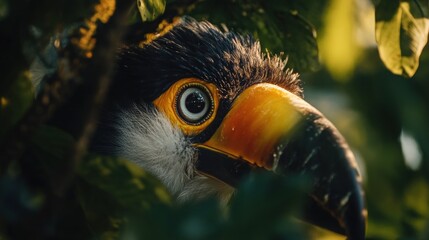 Naklejka premium A toucan peeks out from behind green leaves, its large eye gazing directly at the camera.