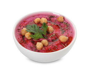 Tasty beetroot hummus and chickpeas in bowl isolated on white