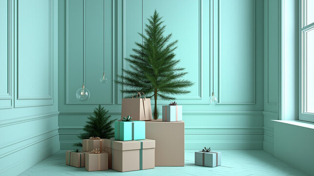 The simple Christmas tree surrounded by gifts in golden wrapping in sft blue background