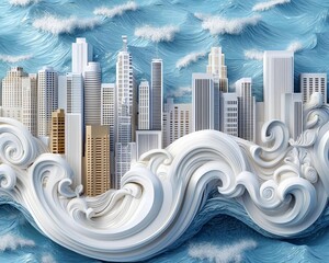 Stylized city skyline with waves, artistic and colorful, white isolate background
