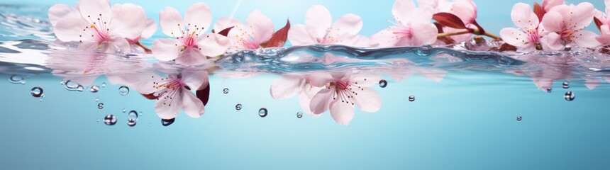 Delicate cherry blossoms float on water, creating a serene and peaceful scene