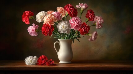 A bouquet of colorful carnations in a white pitcher on a wooden table.