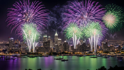 Obraz premium A grand fireworks show with vibrant green purple and silver sparks lighting up a city skyline, AI Generated