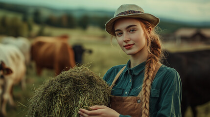 Farmerka z dumą trzyma świeże siano w rękach, gotowa nakarmić swoje zwierzęta. 