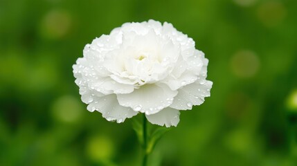 Obraz premium A single white flower with dew drops on its petals, against a green blurred background.