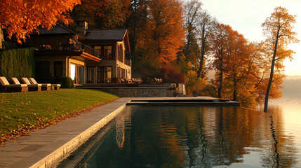 An exquisite villa overlooking a serene lake, ideal for a Thanksgiving getaway.