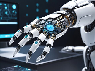 A robot with a blue and black button on the left hand