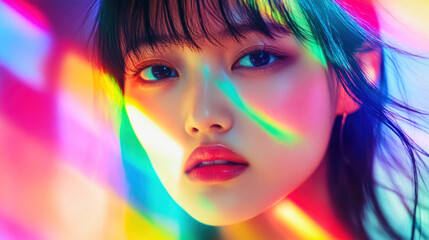 Fototapeta premium Young Asian woman illuminated by rainbow lights showcasing contemporary fashion in a vibrant setting