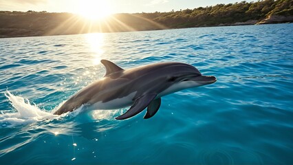 Fototapeta premium Joyful dolphin leaping in sunlit ocean near scenic coastline