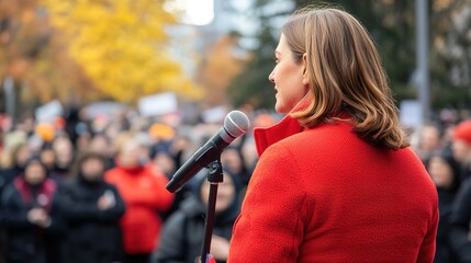 A speaker wearing a red coat addresses a large crowd in an outdoor setting, with autumn trees in the background and protesters holding signs.