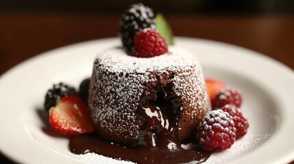 A warm chocolate lava cake with a gooey chocolate center, dusted with powdered sugar and decorated with fresh berries.