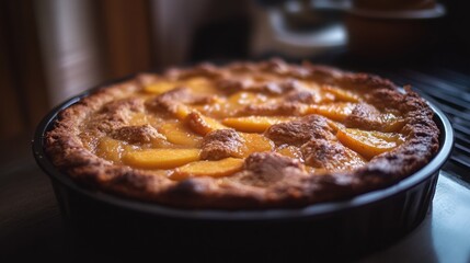 A freshly baked peach pie in a black pie pan on a white counter.