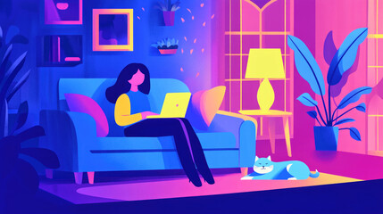 Young woman working on her laptop in a cozy home office with her cat nearby