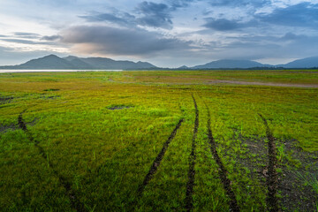 Vast lawn and evening sky