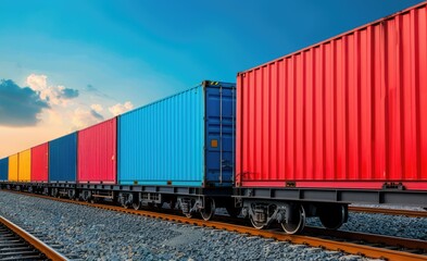 Fototapeta premium A colorful train with shipping containers travels along a railway under a vibrant sky, showcasing a mix of colors and industrial transportation.